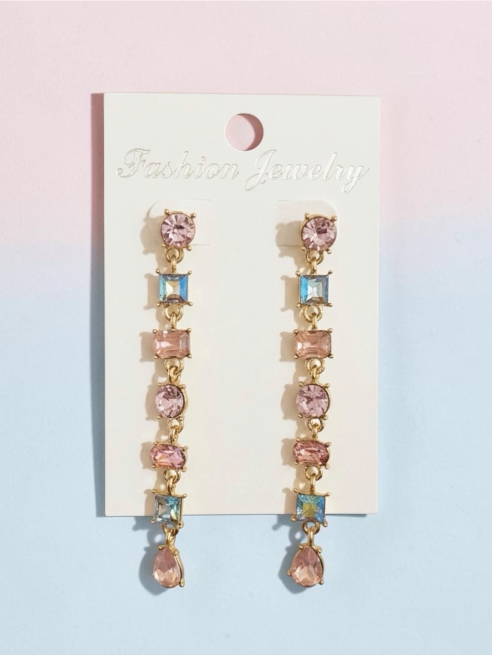 Long Crystal Women’s Dangle Drop Earrings Multi Color Pink Rhinestone Ombré - Picture 1 of 4